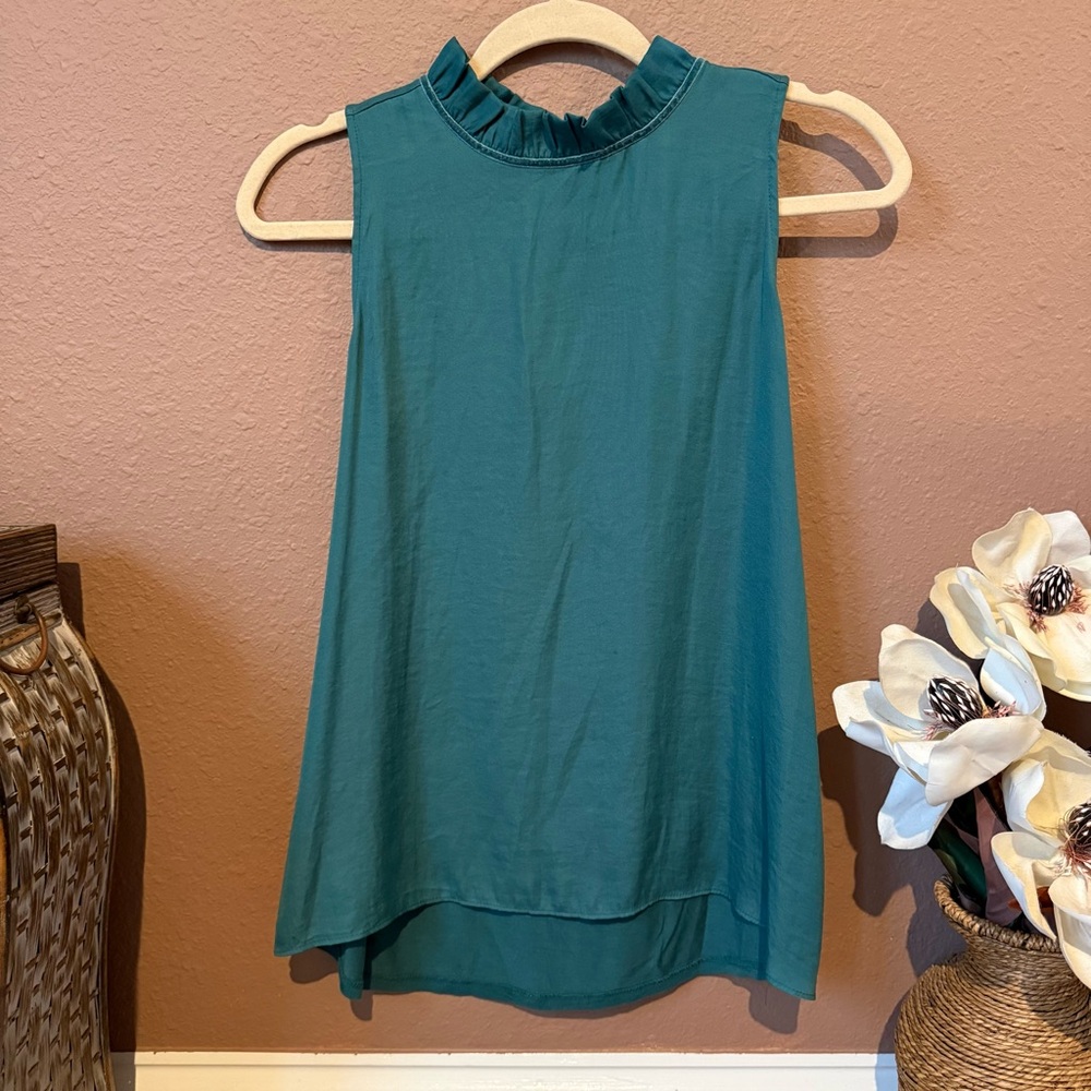LOFT Teal Sleeveless Blouse with Ruffle Neck